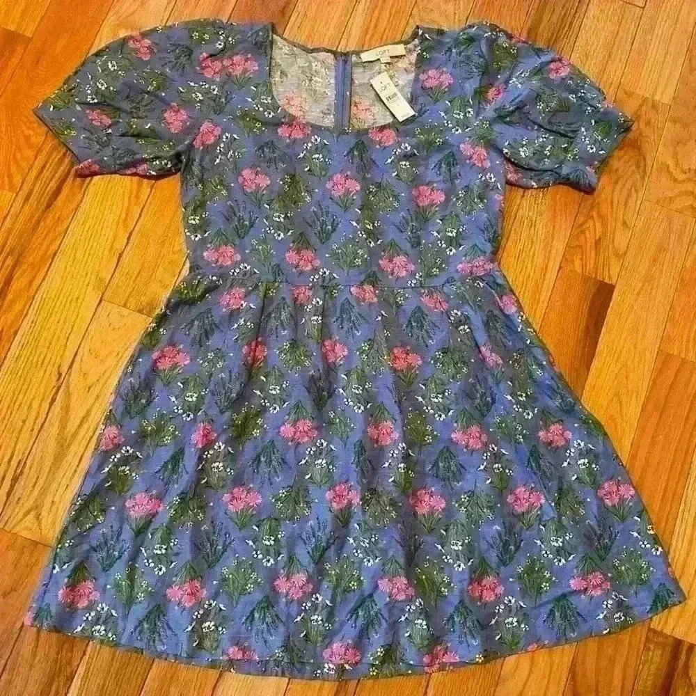 LOFT Blue Floral Babydoll Mini Dress Puff Sleeve Women’s Size 8 Linen Blend NWT